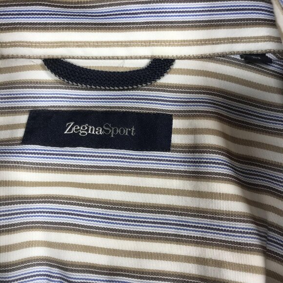 ZegnaSport Shirt Mens Medium Blue Brown Stripe Button Front Long Sleeve Cotton - Picture 2 of 11